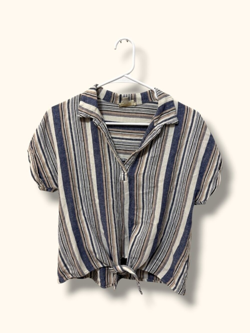 Corvia Striped Tie Shirt Womens M Blue Beige Short Sleeve Collared Linen Blend